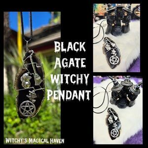 Black Agate Witch Cat Broom Pentagram Charm Pendant
